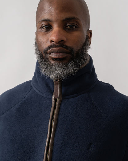 Model wearing Joules Mens Heritage Full Zip Fleece in Navy - Detail