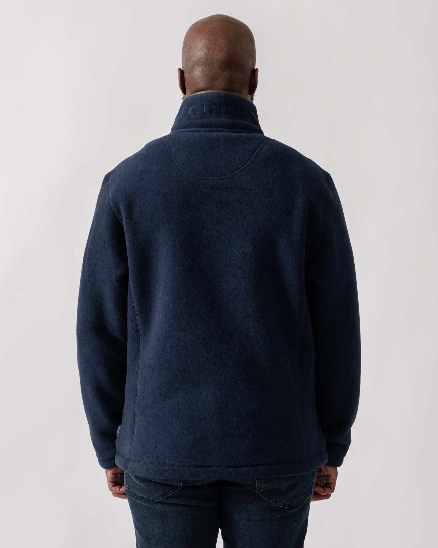 Model wearing Joules Mens Heritage Full Zip Fleece in Navy - Back