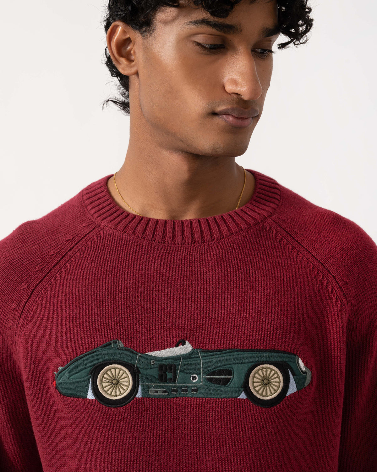 Close up of the Joules Mens Intarsia Crew Neck Jumper - Burgundy/Car