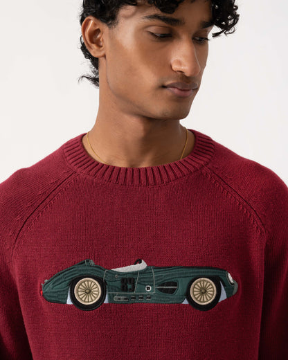 Close up of the Joules Mens Intarsia Crew Neck Jumper - Burgundy/Car