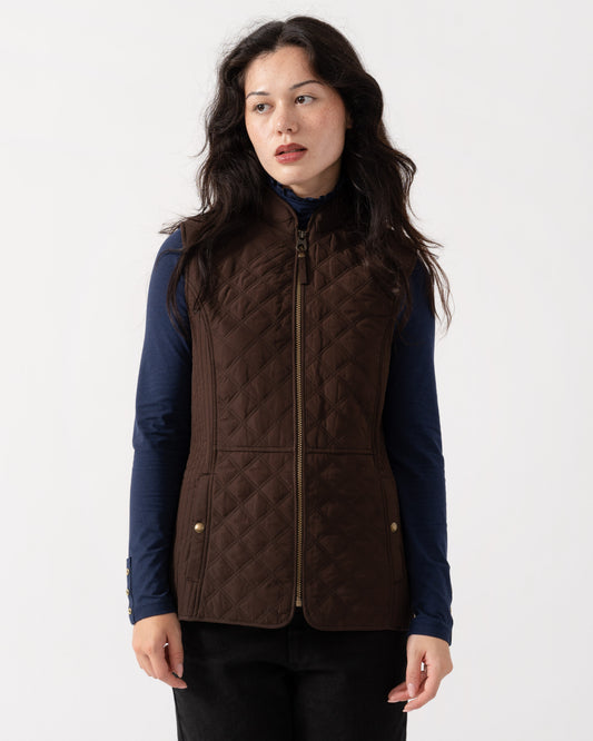 Front of Joules Minx Womens Diamond Quilt Gilet - Chocolate Brown