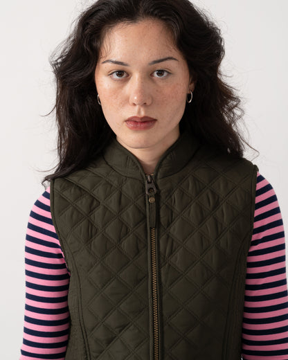 Collar detail of the Joules Minx Womens Diamond Quilt Gilet - Rosemary Green