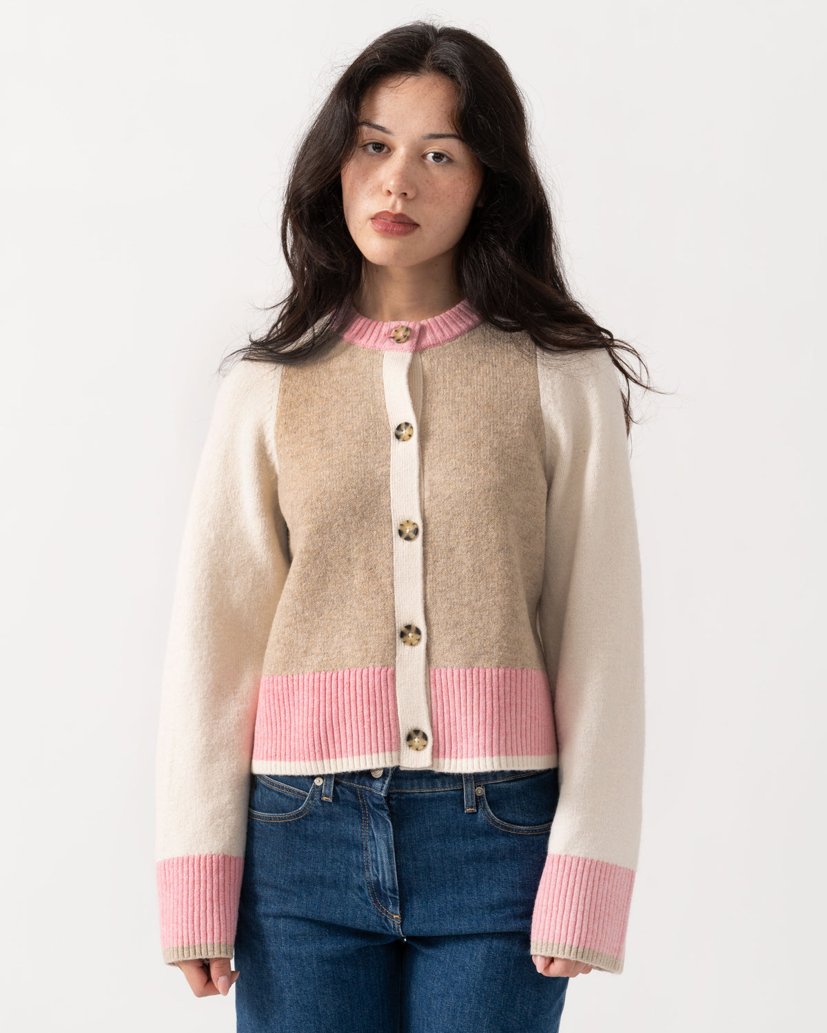 Front of Joules Nora Womens Colourblock Cardigan - Pink & Cream
