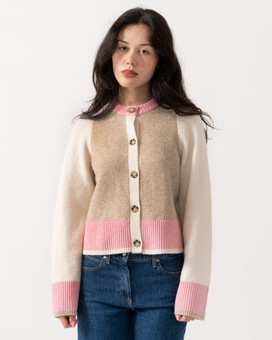 Front of Joules Nora Womens Colourblock Cardigan - Pink & Cream