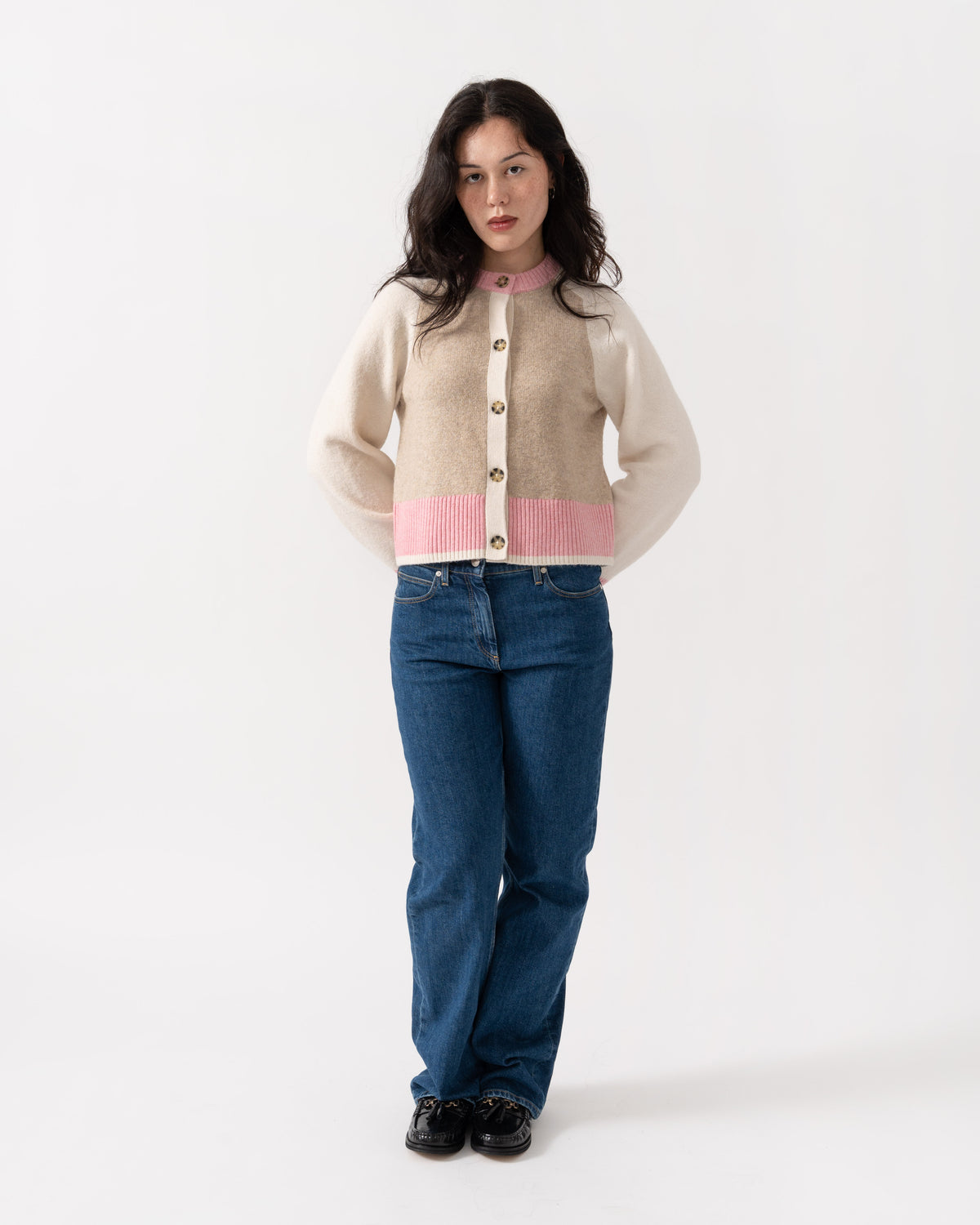 Model wearing  Joules Nora Womens Colourblock Cardigan - Pink & Cream
