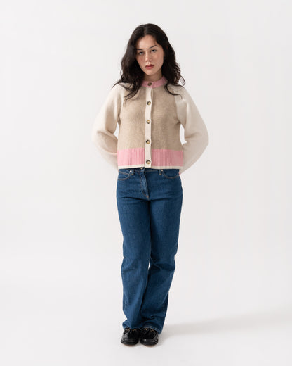 Model wearing  Joules Nora Womens Colourblock Cardigan - Pink & Cream