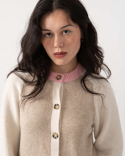 Close up of Joules Nora Womens Colourblock Cardigan - Pink & Cream