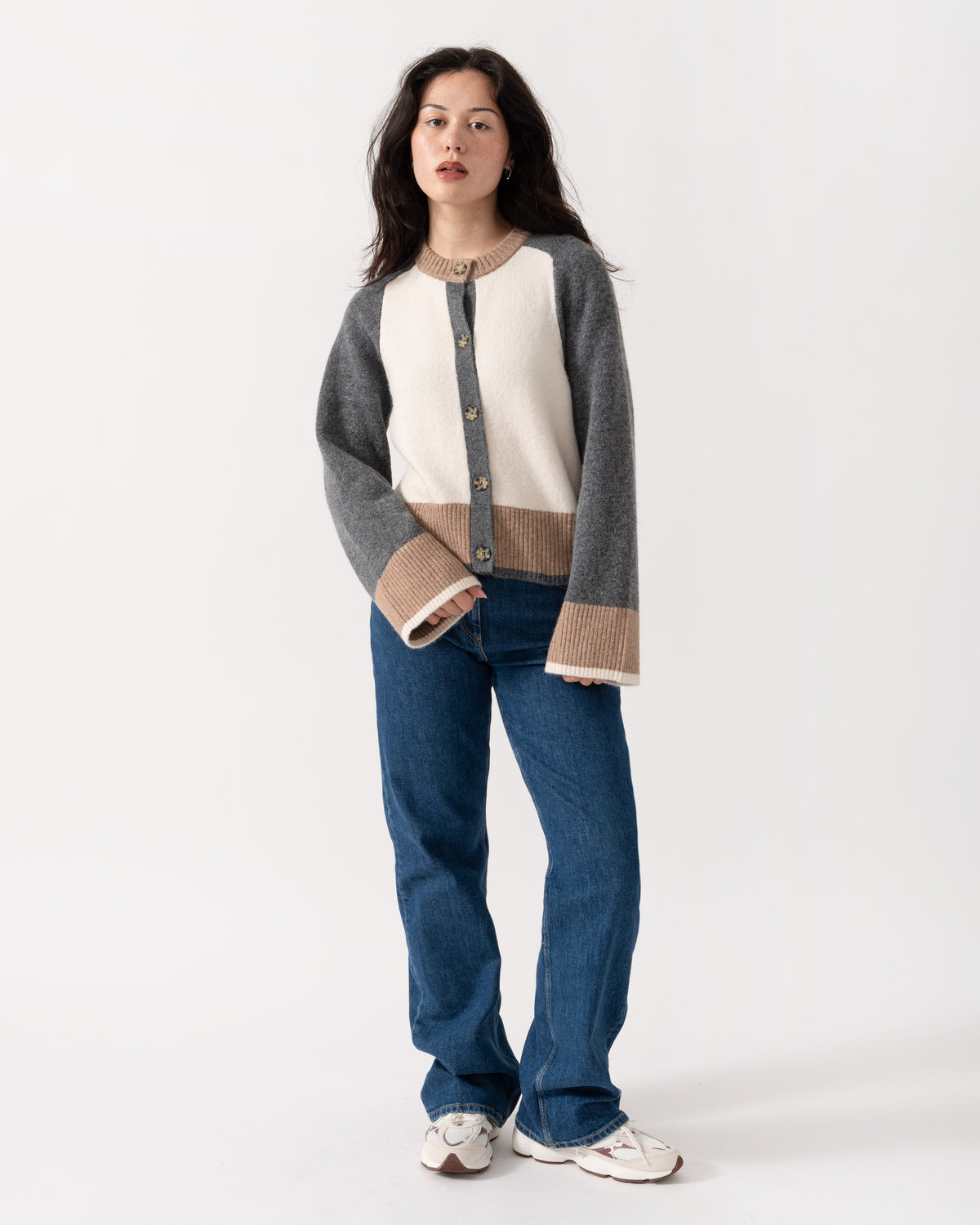 Model wearing the Joules Nora Womens Colourblock Cardigan - Cream & Tan