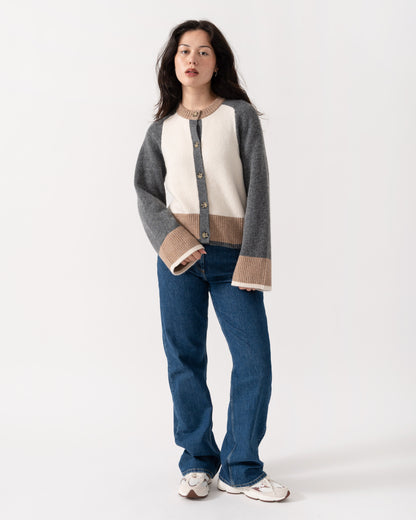 Model wearing the Joules Nora Womens Colourblock Cardigan - Cream & Tan