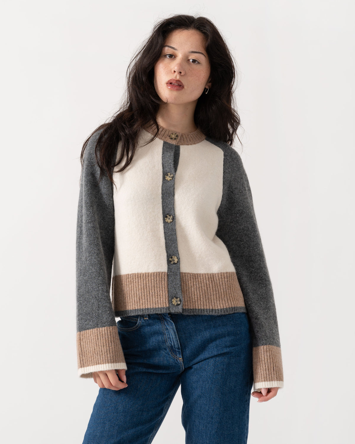 Front of the Joules Nora Womens Colourblock Cardigan - Cream & Tan