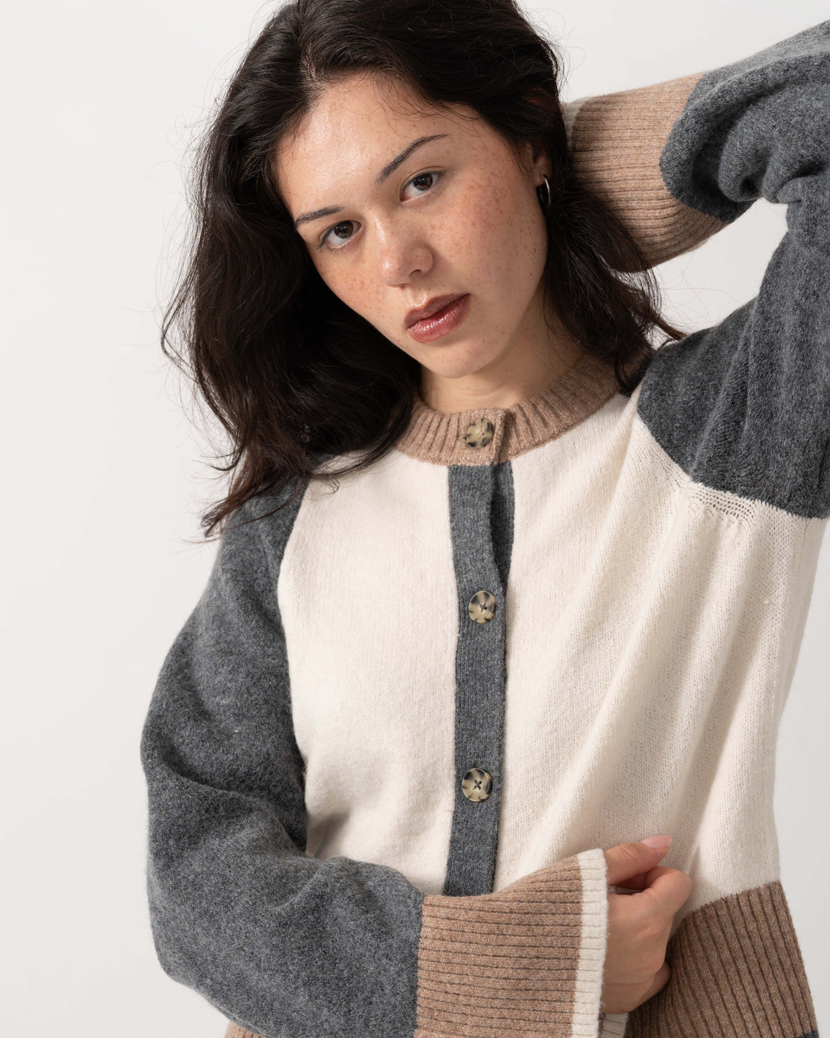 Close up of the Joules Nora Womens Colourblock Cardigan - Cream & Tan