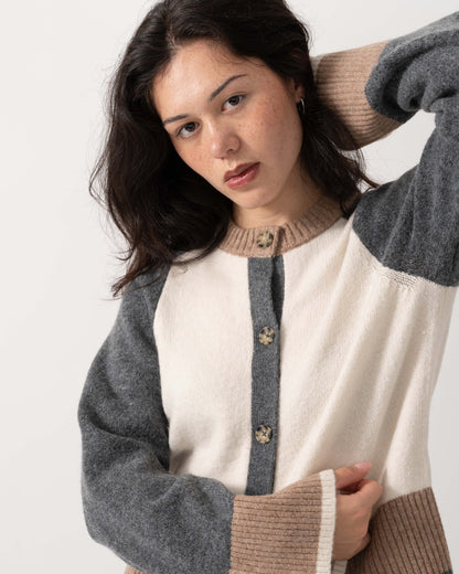 Close up of the Joules Nora Womens Colourblock Cardigan - Cream & Tan