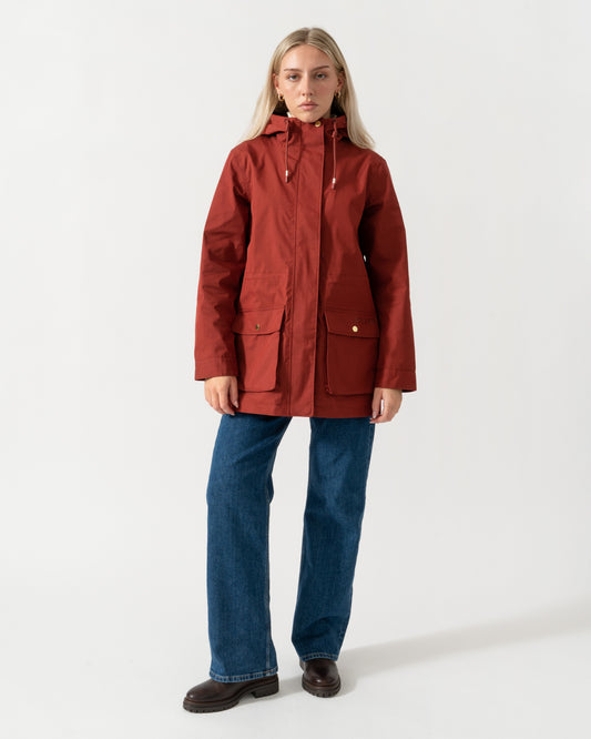 Close jacket of the Joules Portwell Womens Raincoat - Rust