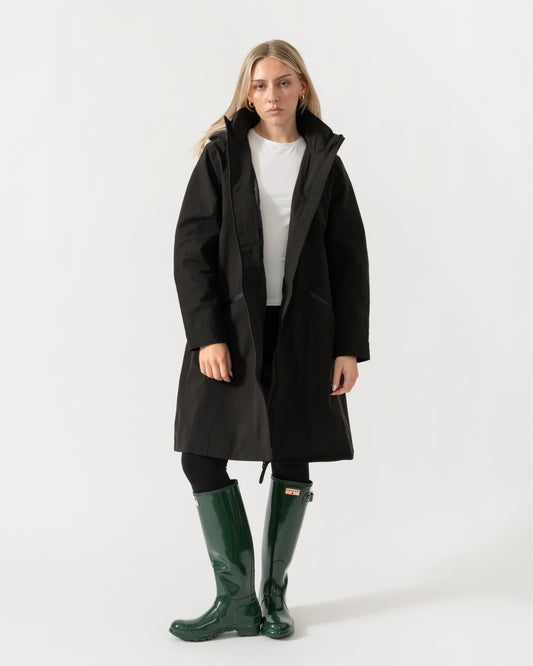 Open jacket on the Joules Rainaway Womens Longline Raincoat - Black