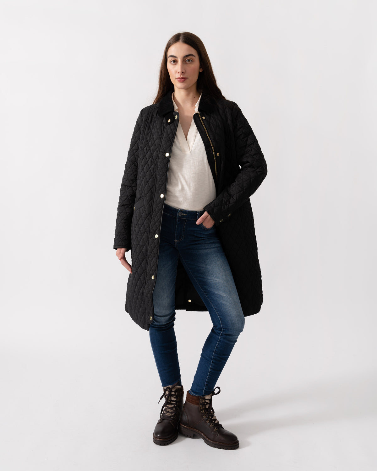 Joules Rosewell Womens Long Diamond Quilt Jacket - Black - CHO - Designer Womens Padded Jackets