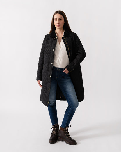 Joules Rosewell Womens Long Diamond Quilt Jacket - Black
