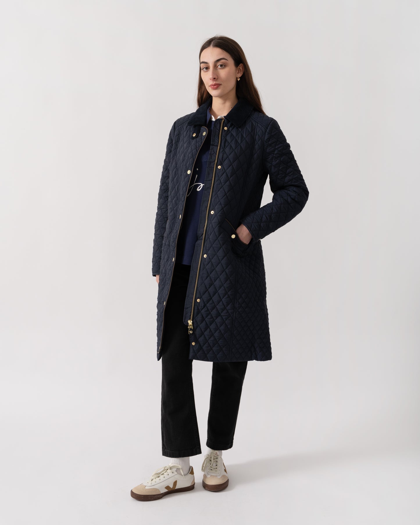 Joules Rosewell Womens Long Diamond Quilt Jacket - Navy | CHO | Designer Womens Padded Jackets