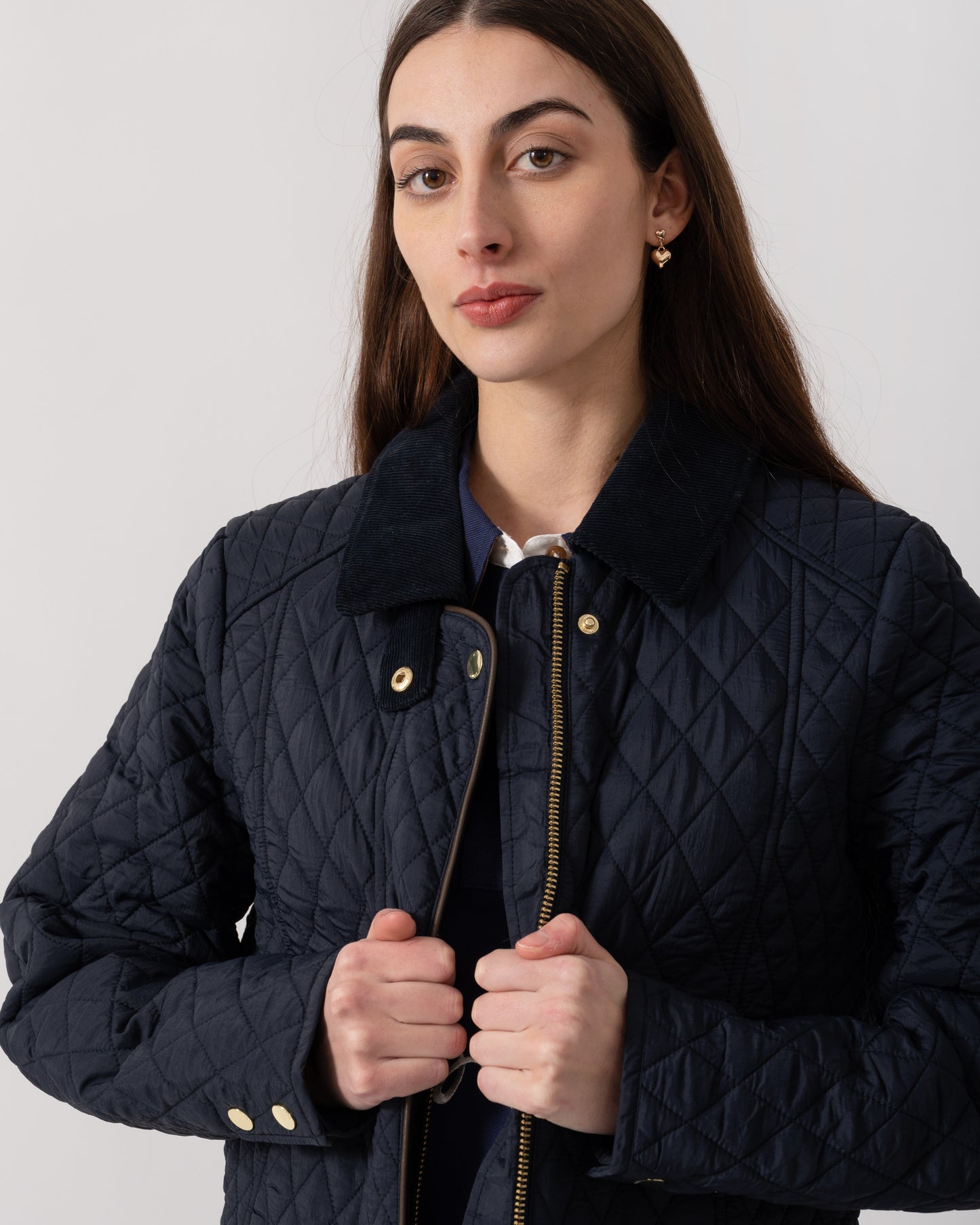 Joules Rosewell Womens Long Diamond Quilt Jacket - Navy | CHO | Designer Womens Padded Jackets