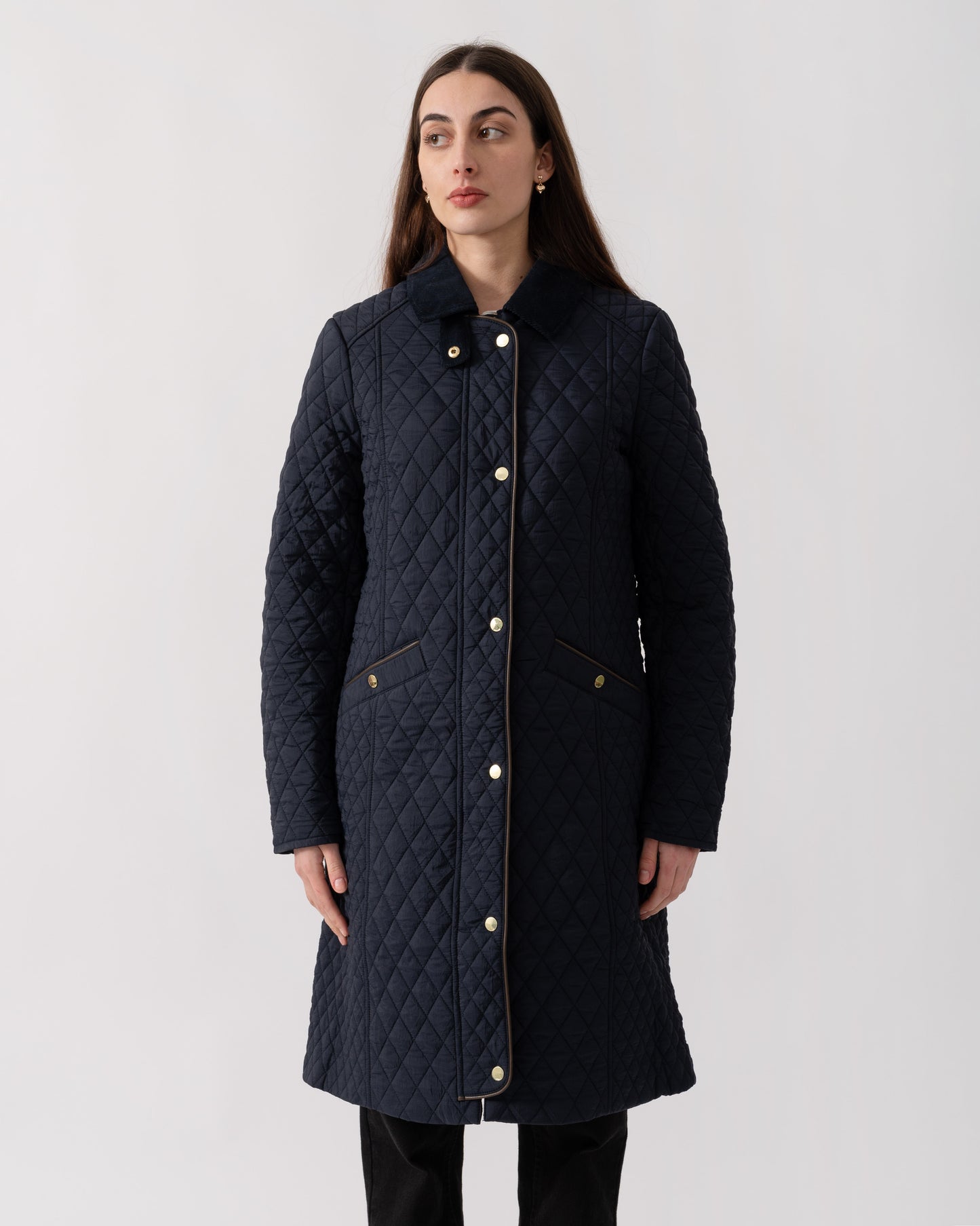 Joules Rosewell Womens Long Diamond Quilt Jacket - Navy | CHO | Designer Womens Padded Jackets