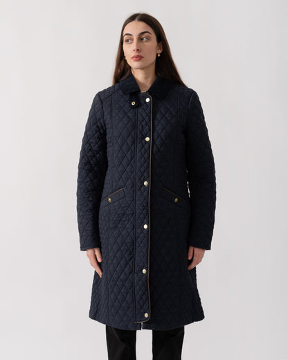 Joules Rosewell Womens Long Diamond Quilt Jacket - Navy | CHO | Designer Womens Padded Jackets