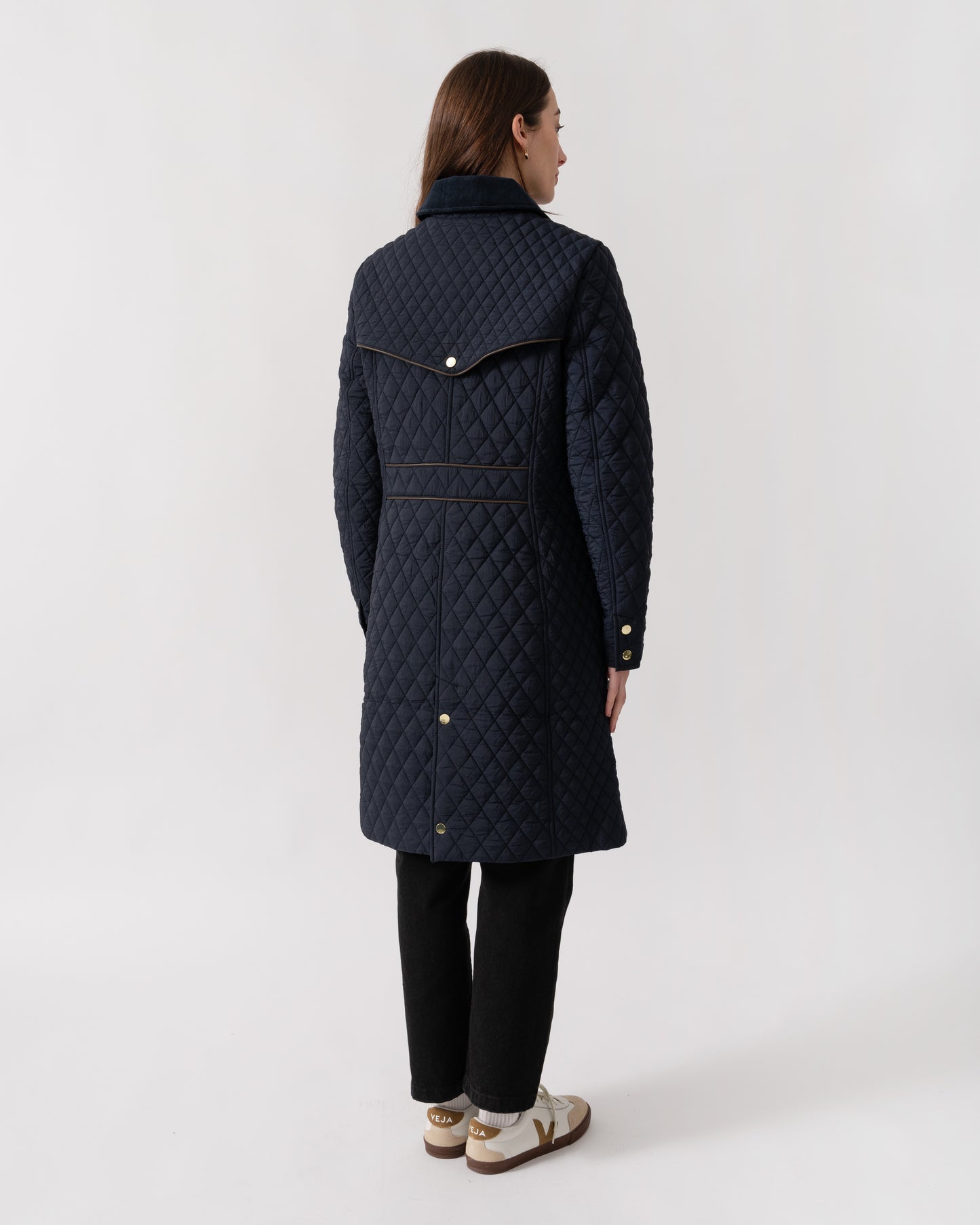 Joules Rosewell Womens Long Diamond Quilt Jacket - Navy | CHO | Designer Womens Padded Jackets