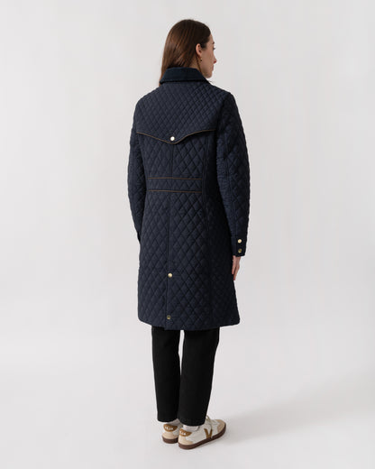 Joules Rosewell Womens Long Diamond Quilt Jacket - Navy | CHO | Designer Womens Padded Jackets