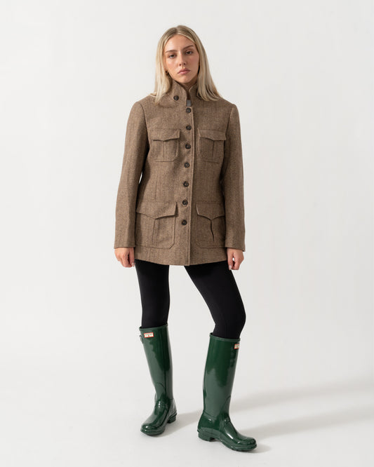 Joules Saddlebury Womens Longline Hacking Jacket - Brown Herringbone | CHO | Designer Womens Tweed Jackets