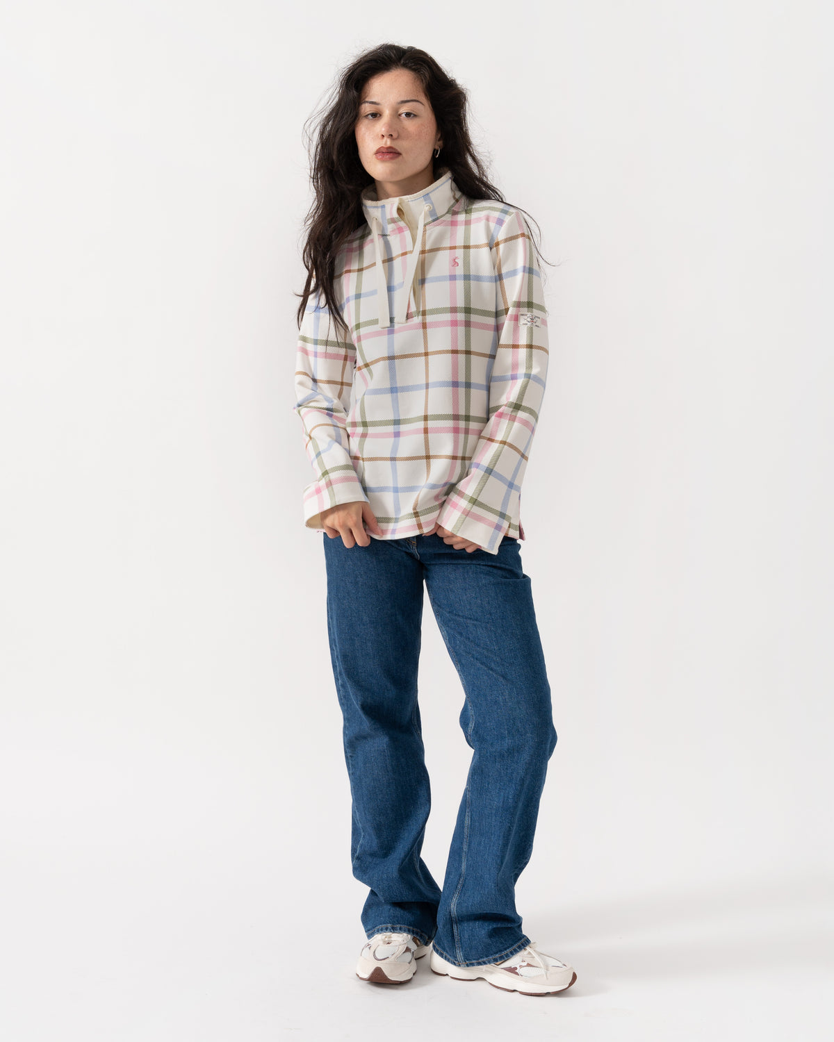 Model wearing the Joules Saunton Womens Funnel Neck Sweatshirt - Cream Check