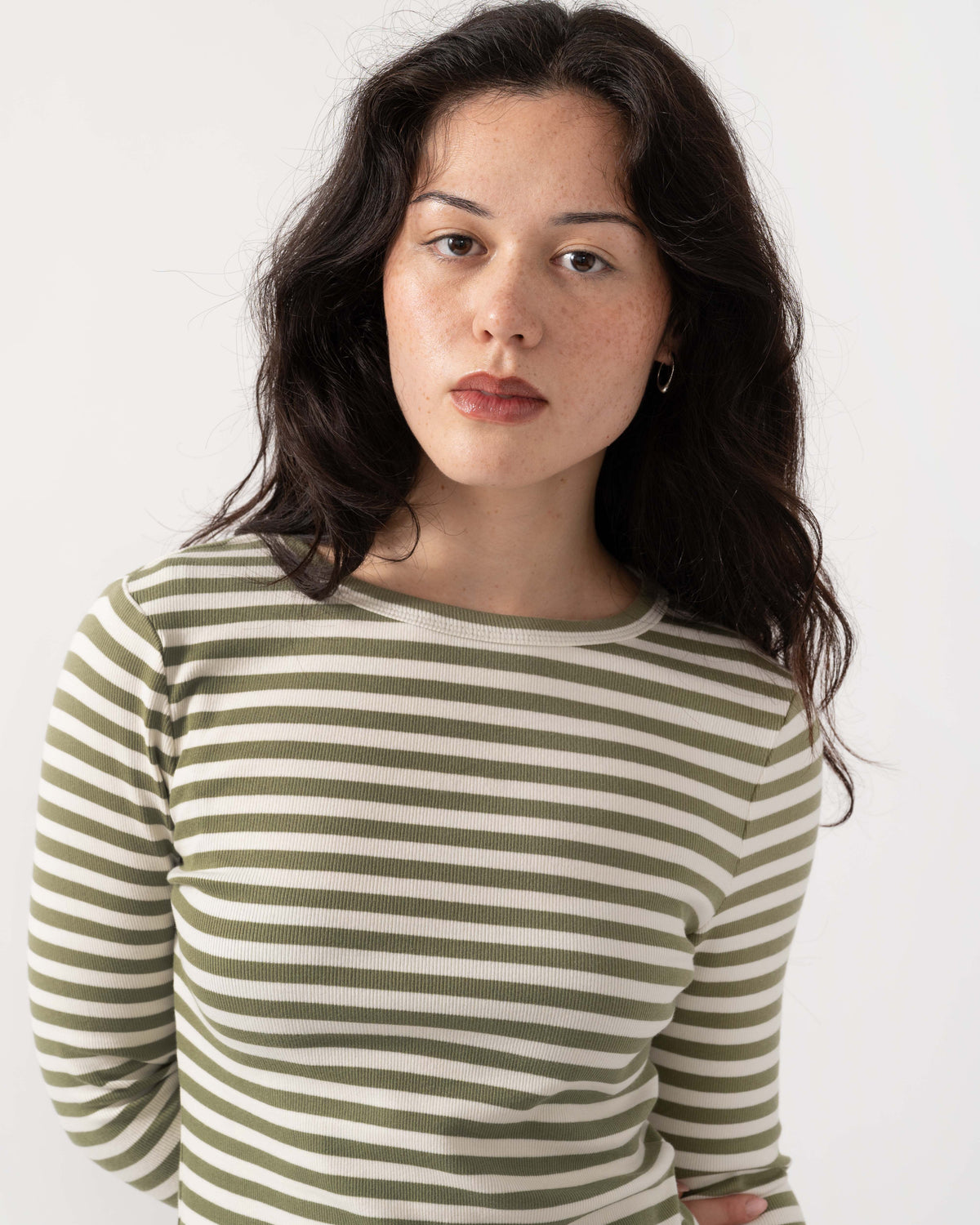 Close up of the Joules Sophie Womens Long Sleeve Ribbed Fitted T-Shirt - Khaki Green
