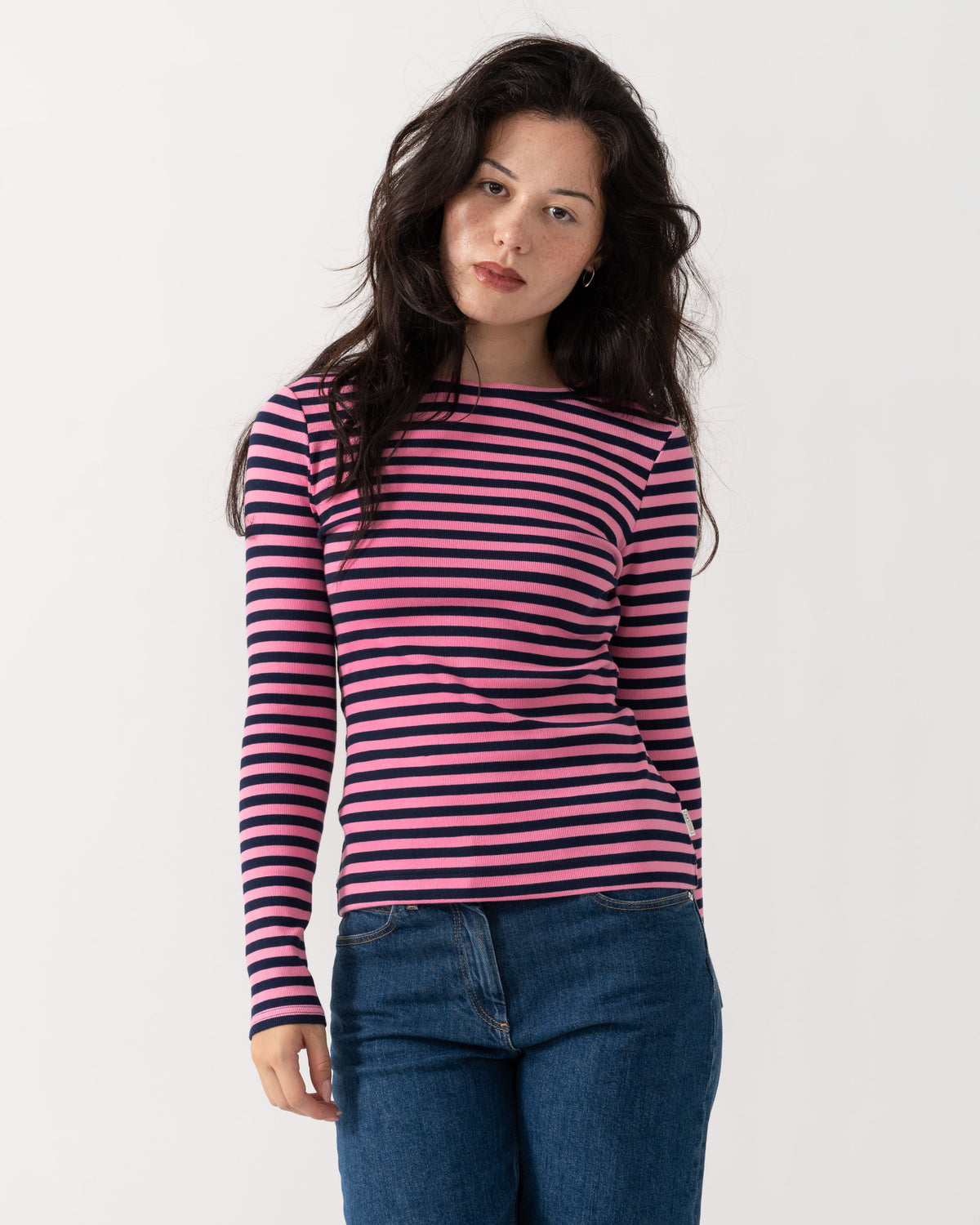 Front of the Joules Sophie Womens Long Sleeve Ribbed Fitted T-Shirt - Navy/Pink