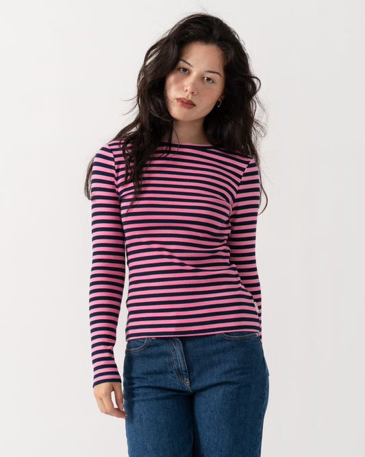 Front of the Joules Sophie Womens Long Sleeve Ribbed Fitted T-Shirt - Navy/Pink