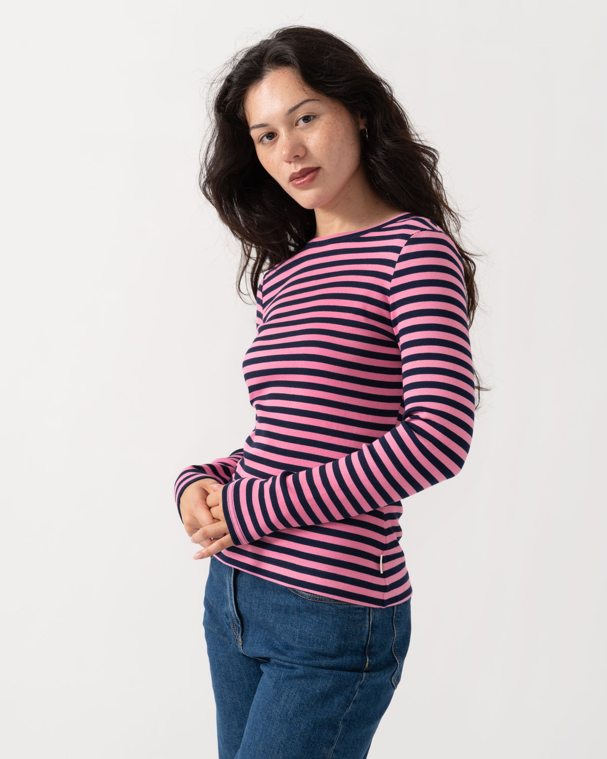 Side of the Joules Sophie Womens Long Sleeve Ribbed Fitted T-Shirt - Navy/Pink