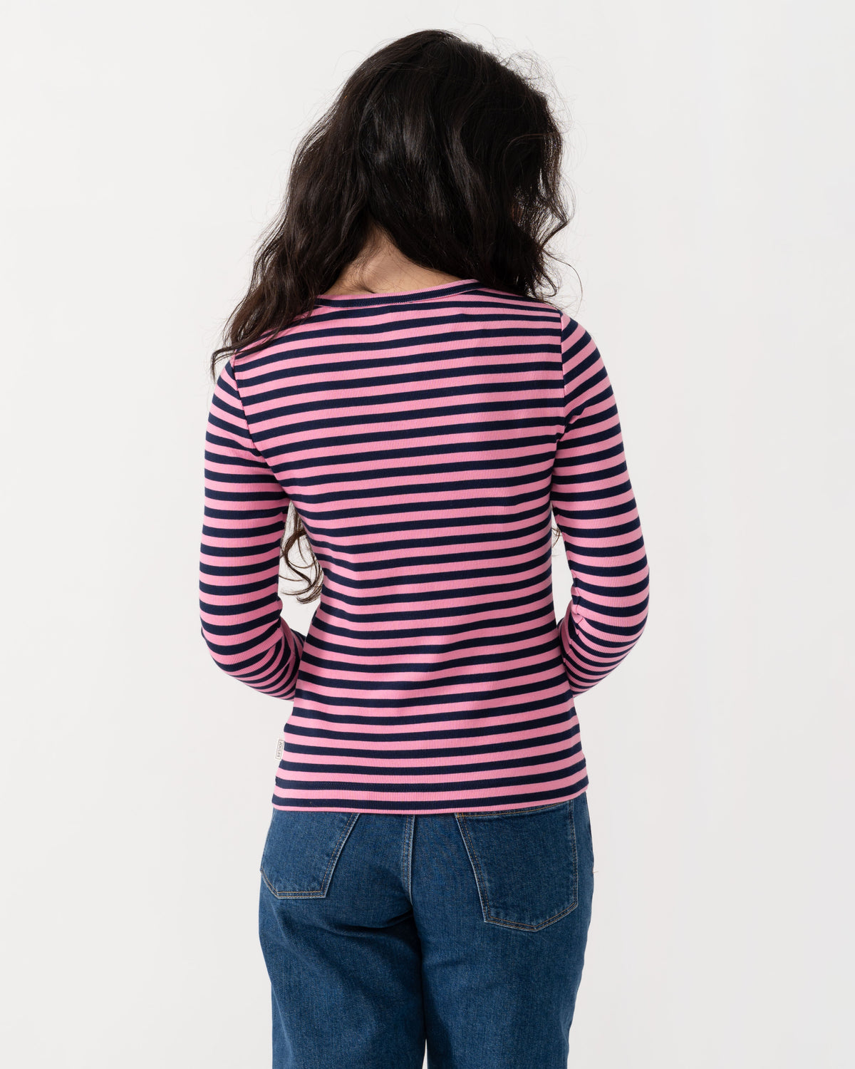 Joules Sophie Womens Long Sleeve Ribbed Fitted T - Shirt - Navy/Pink | CHO | Designer Womens Short Sleeve T - Shirts