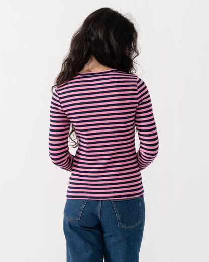 Joules Sophie Womens Long Sleeve Ribbed Fitted T - Shirt - Navy/Pink | CHO | Designer Womens Short Sleeve T - Shirts