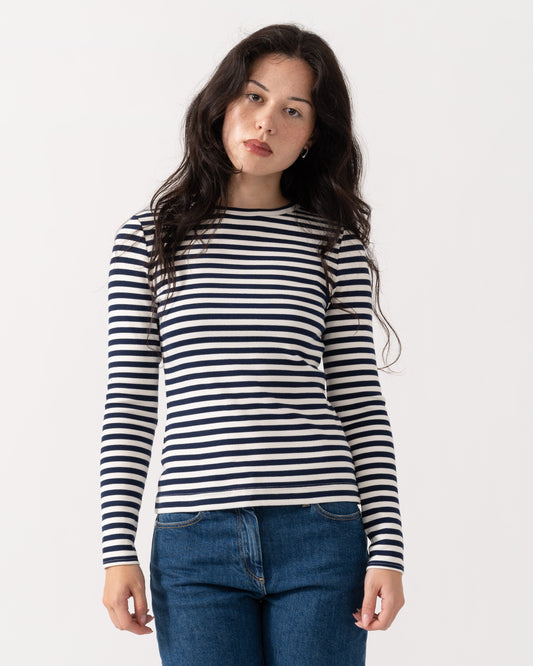 Front of Joules Sophie Womens Long Sleeve Ribbed Fitted T-Shirt - Navy Creme
