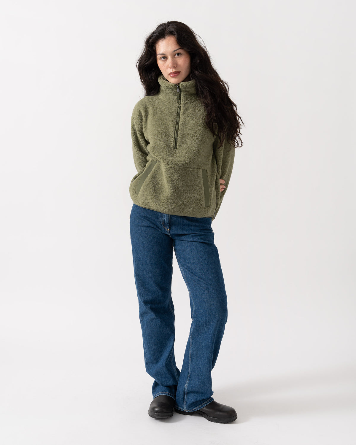 model wearing the Joules Tilly Womens Cropped 1/4 Zip Fleece - Olive Green