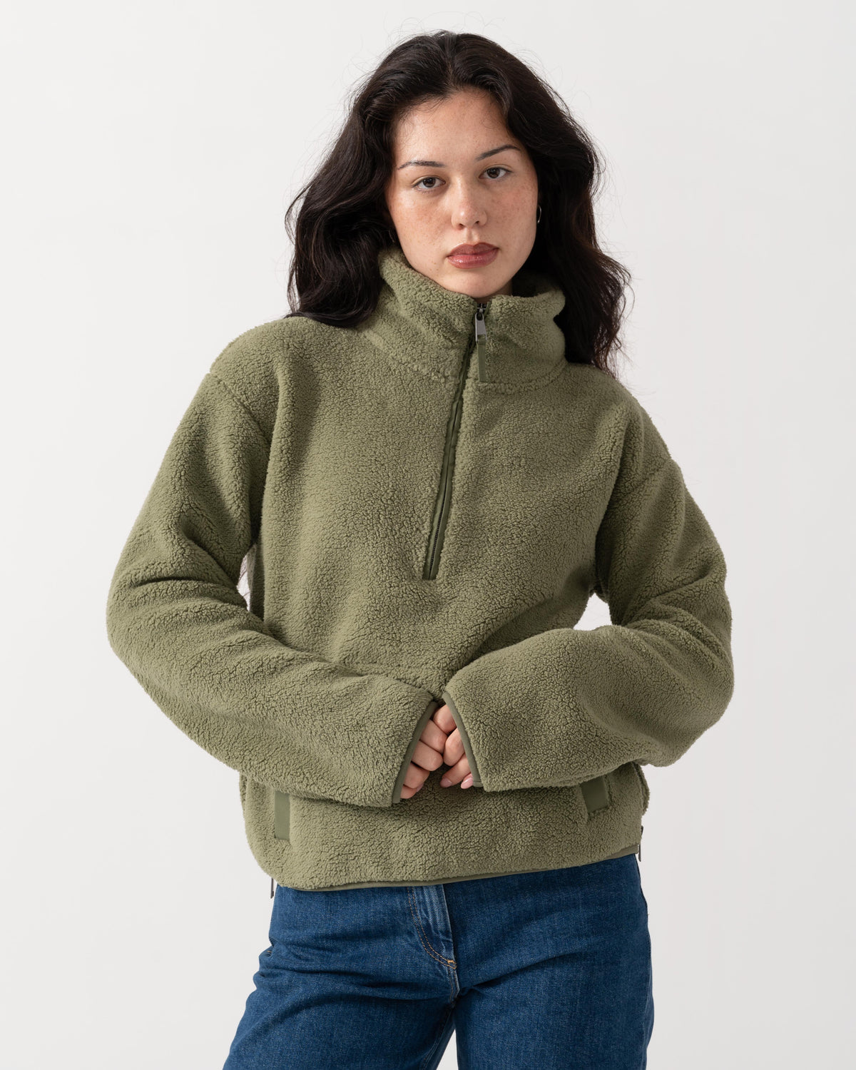 Front of the Joules Tilly Womens Cropped 1/4 Zip Fleece - Olive Green
