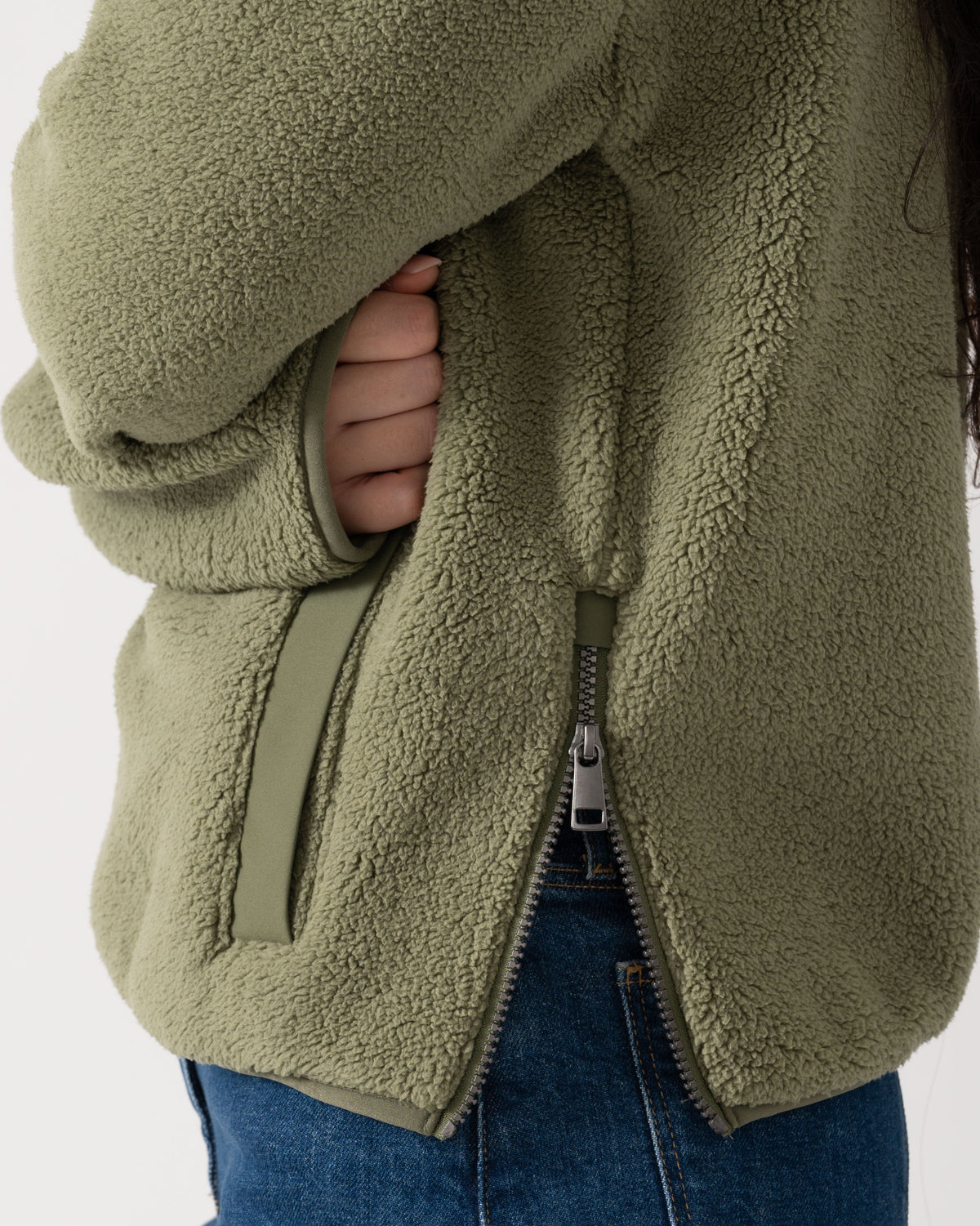 Side zipper detail of the Joules Tilly Womens Cropped 1/4 Zip Fleece - Olive Green