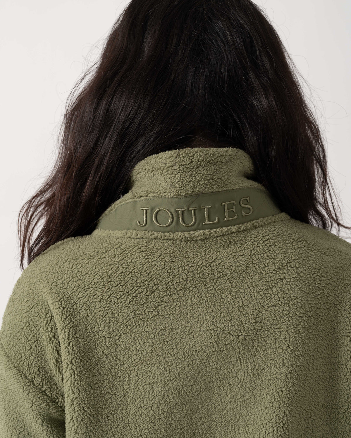 Logo detail on the collar on Joules Tilly Womens Cropped 1/4 Zip Fleece - Olive Green
