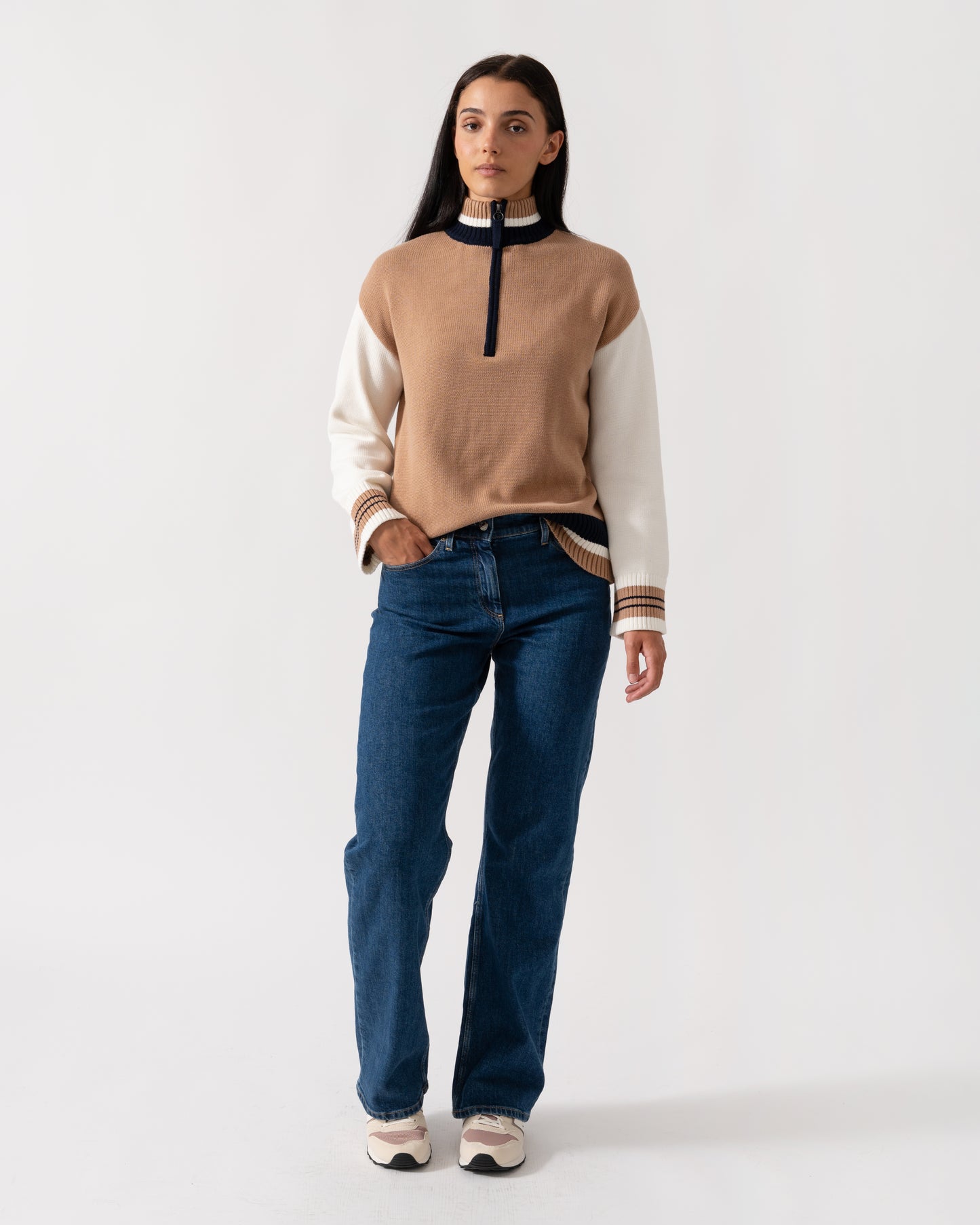 Joules Varsity Zip Womens 1/4 Zip Jumper - Tan Brown