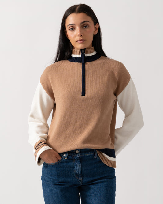 Joules Varsity Zip Womens 1/4 Zip Jumper - Tan Brown
