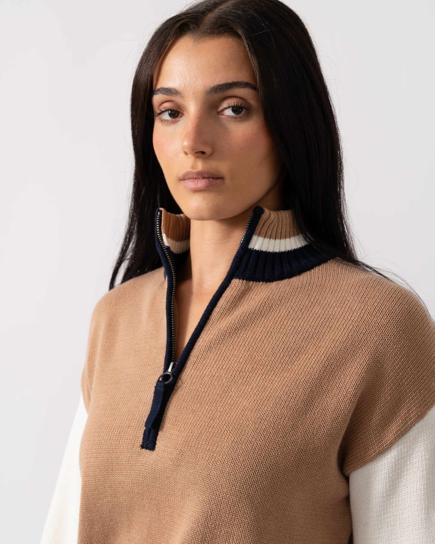 Joules Varsity Zip Womens 1/4 Zip Jumper - Tan Brown