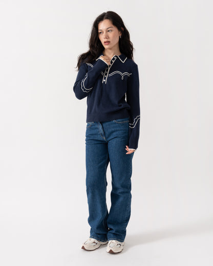 Model wearing the Joules Western Womens Collared Jumper - Navy