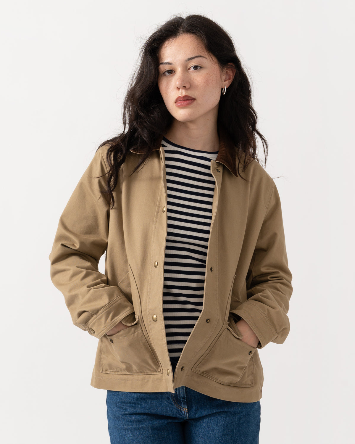 Model wearing the Joules Womens Barn Jacket - Tan Brown