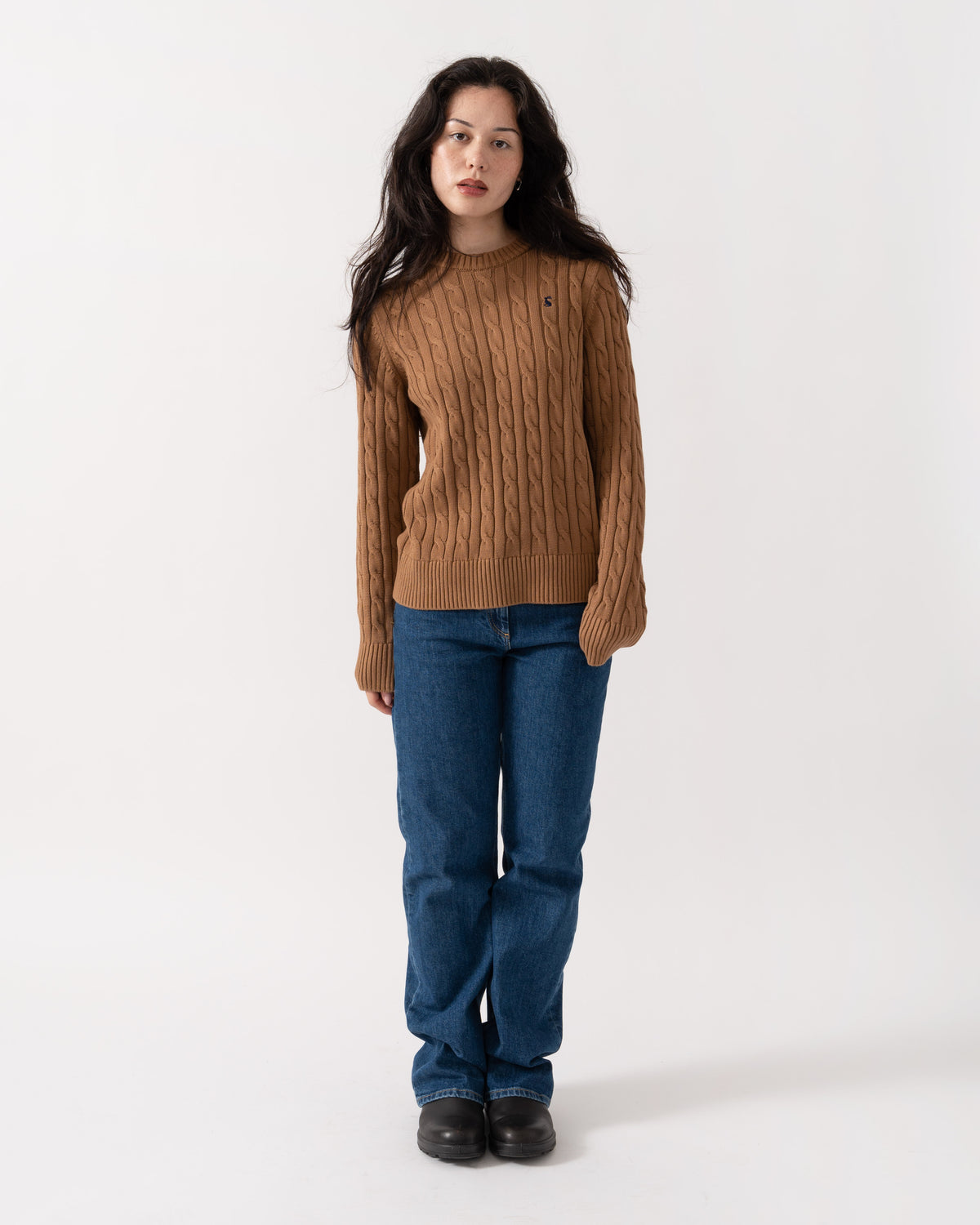 Outfit shot of the Joules Womens Classic Cable Knit Jumper - Camel