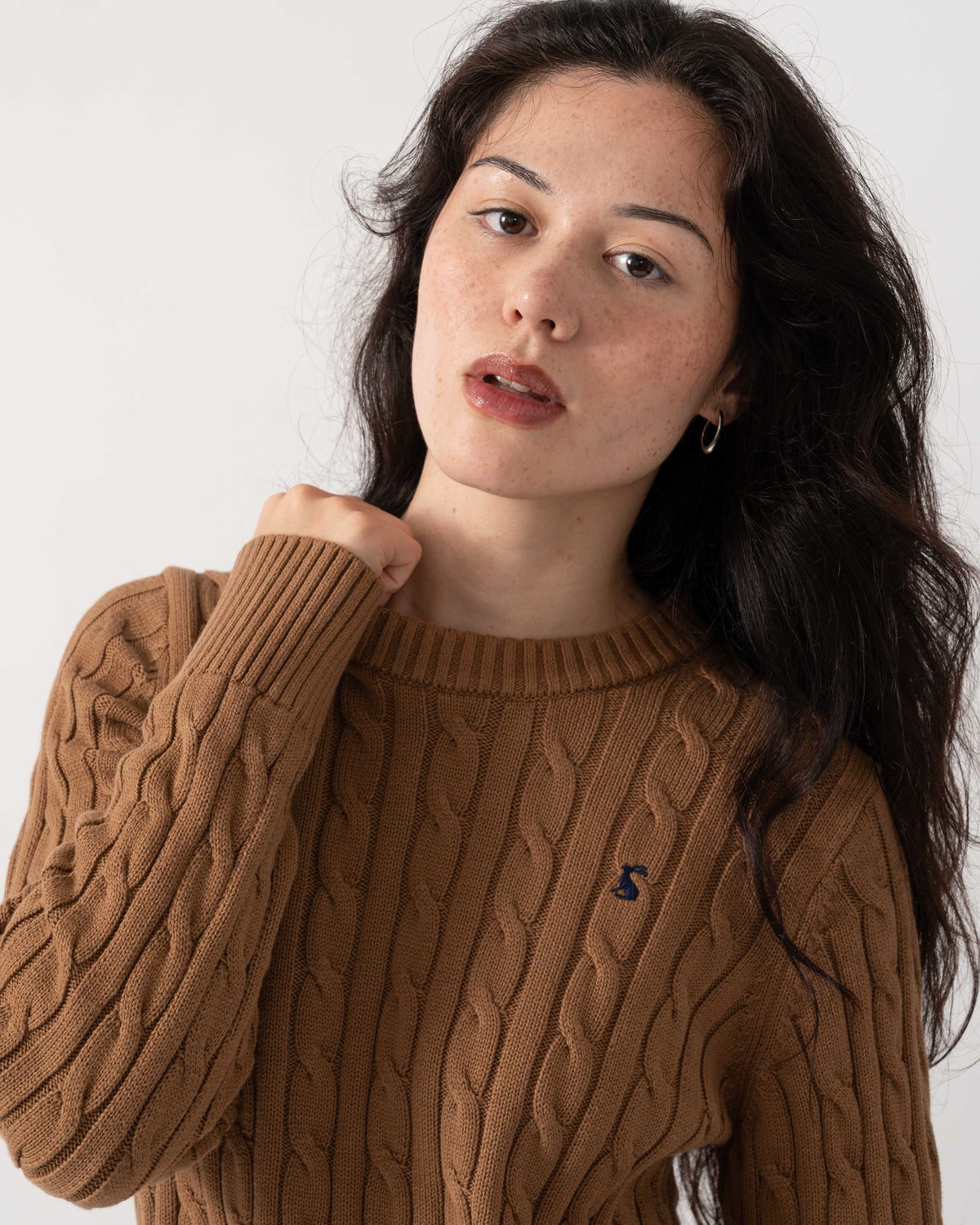 Close up of the Joules Womens Classic Cable Knit Jumper - Camel