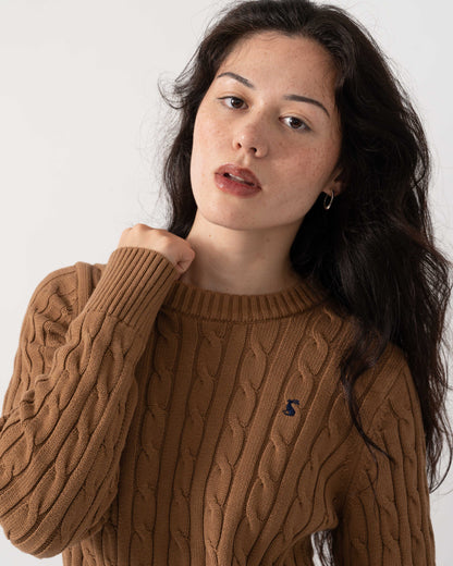 Close up of the Joules Womens Classic Cable Knit Jumper - Camel