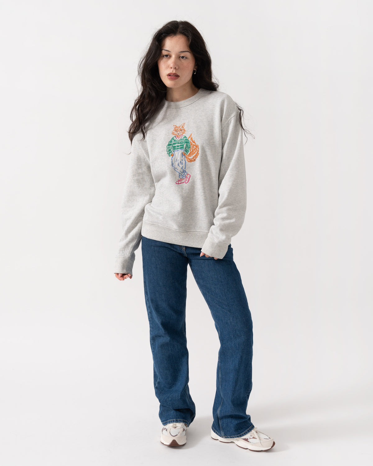 Model wearing the Joules Womens Embroidered Jonty Crew Neck Sweatshirt - Grey