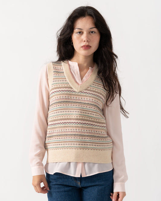 Front of Joules Womens Fairisle V-Neck Knit Tank Top - Oatmeal