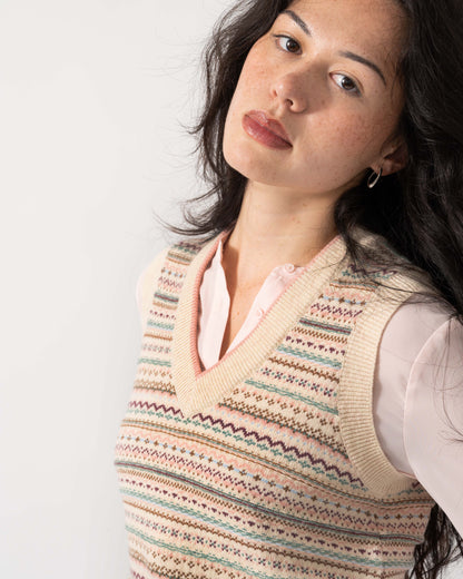 Close up of Joules Womens Fairisle V-Neck Knit Tank Top - Oatmeal